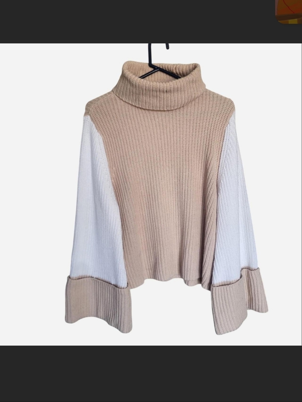 Sugar Lips New with Tags tan and white turtleneck sweater with flared Sleeves